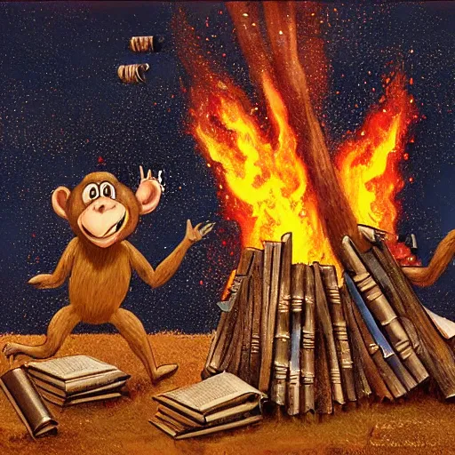 Prompt: [two anthropomorphic monkeys throwing books in a bonfire, behind them rockets are taking off. Matte painting, intricate, art by Gennady Mikhailovich Zykov]