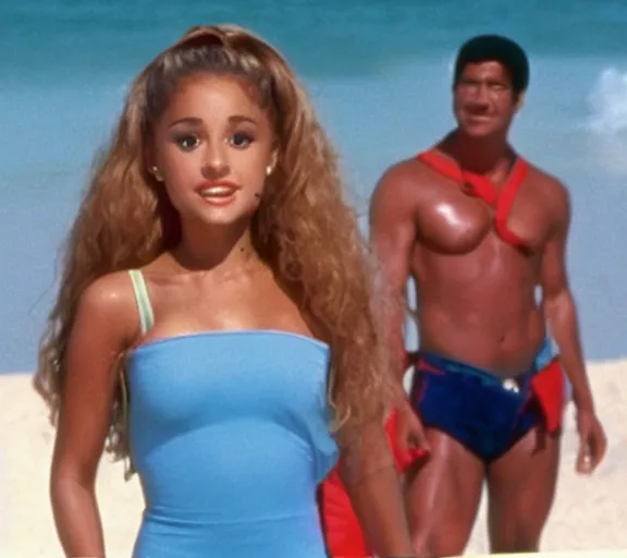 Image similar to color still shot of ariana grande on baywatch 1 9 8 9 tv show, face closeup,