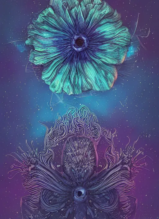 Image similar to detailed, intricate blue black and purple papaverum flower on the field, nebula, galaxy in the sky, winning award masterpiece, fantastically beautiful, illustration, aestheticly inspired dan mumford, upscale with anguissola sofonisba work, artstation, 8 k