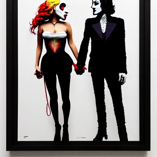 Image similar to richard hamilton and mimmo rottela and banksy as joaquin phoenix skinny joker holding hand lady gaga harley queen, ultra photorealistic, intricate details, pop art style, baroque, concept art, ultrarealistic, 3 colors, 4 k, 4 d, smooth, sharp focus