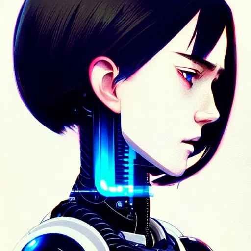 Image similar to side portrait scifi cyborg girl with robotic parts and spacesuit | | head only in center of image, audrey plaza, fine detail!! anime!! realistic shaded lighting!! poster by ilya kuvshinov katsuhiro otomo ghost - in - the - shell, magali villeneuve, artgerm, jeremy lipkin and michael garmash and rob rey