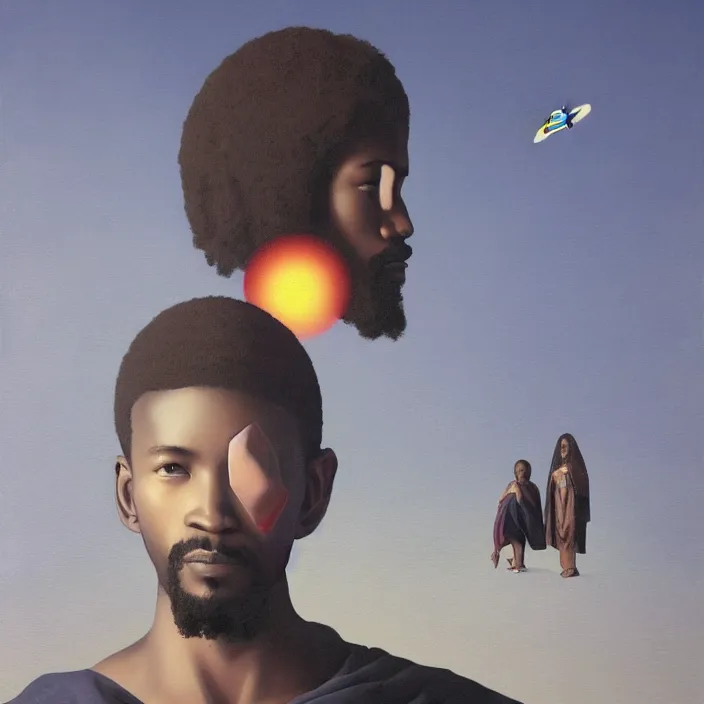 Image similar to a UFO hovering over an African Jesus, portrait painting by Hsiao-Ron Cheng,