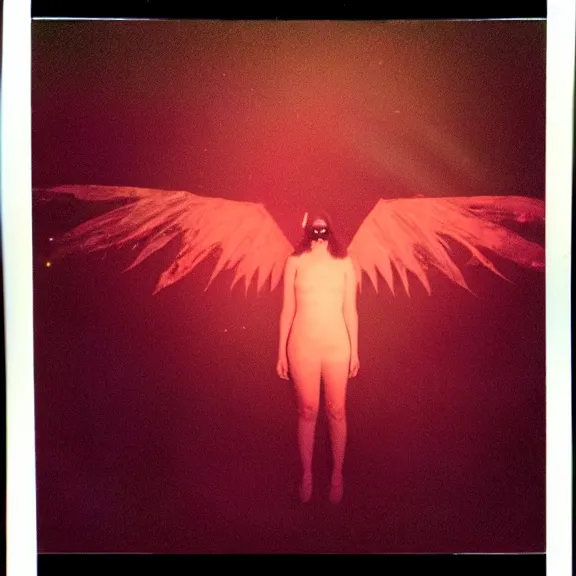 Image similar to a dark artistic photo of an alien creature with crazy wings, liminal eerie midnight backlit, big budget horror, a polaroid photo, bleeding decaying colors!