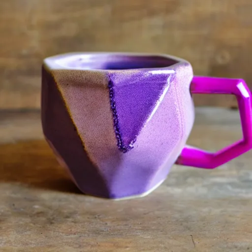 Prompt: geodesic triangle ceramic mug with pink and purple pearlescent glaze