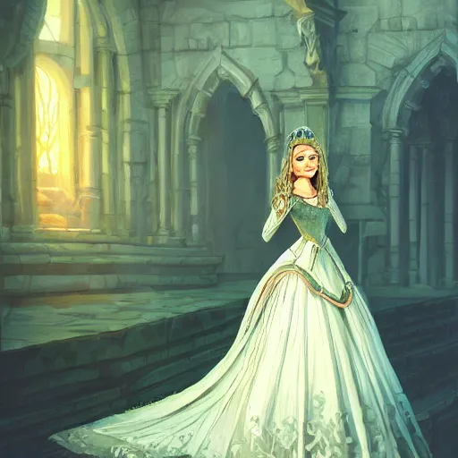 Image similar to Princess at a royal banquet, elegant dress, intricate, matte, digital painting, 8K, warm lighting, large staircase, royalty, high detail, medieval-fantasy, concept art, realistic, cinematic