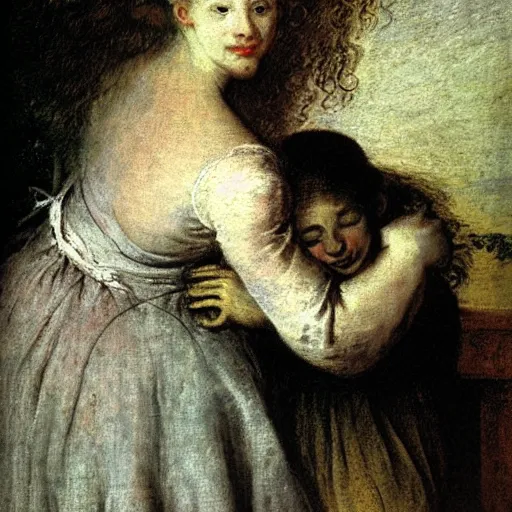 Prompt: grief strucked love between mother screaming and child crying embrace gloomy foggy lighting jean - antoine watteau william shakespeare