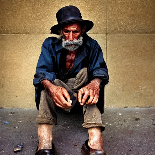 Image similar to homeless millionaire, in expensive clothes and with a cigar, by Steve McCurry, clean, detailed, award winning