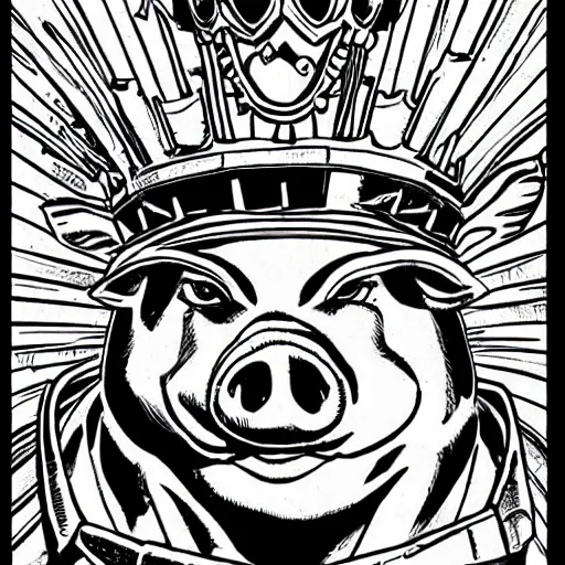 Image similar to detailed lineart comic book drawing of pig wearing a gold crown in the style of jim lee