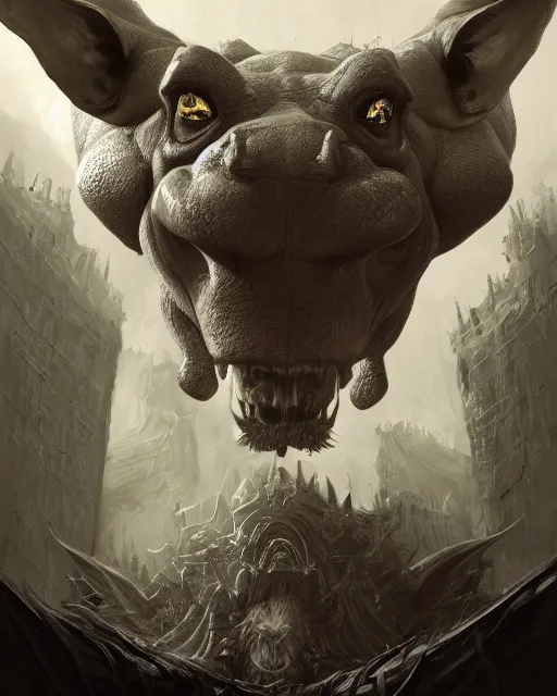 Image similar to Hippo, Anthropomorphized, portrait, as evil warlord general on skull throne, magic the gathering artwork, D&D, fantasy, cinematic lighting, centered, symmetrical, highly detailed, digital painting, artstation, concept art, smooth, sharp focus, illustration, volumetric lighting, epic Composition, 8k, art by Akihiko Yoshida and Greg Rutkowski and Craig Mullins, heroic pose, oil painting, cgsociety, Battlefield background, explosions, arrows