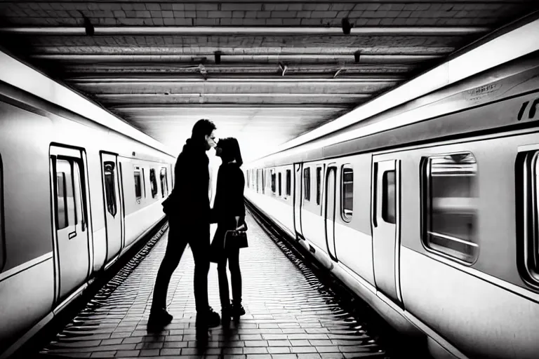 Image similar to vfx movie couple in a train station flat color profile low - key lighting award winning photography cinematography atmospheric cool color - grade