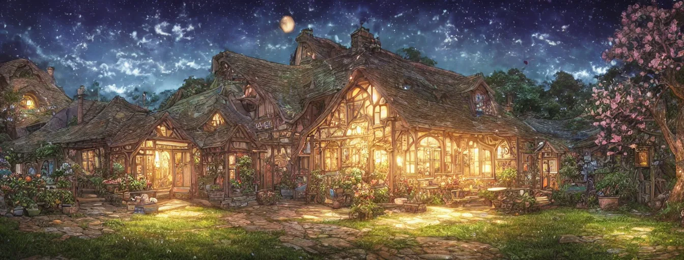 Prompt: the aesthtic view of a beautiful, dreamy, wistful cottage under a grand night sky with light. hyperrealistic anime background illustration by kim jung gi, colorful, extremely detailed intricate linework, smooth, super sharp focus, bright colors, high contrast, matte, octopath traveler, unreal engine 5 highly rendered, global illumination, radiant light