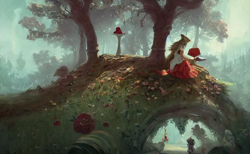 Prompt: a painting of alice in wonderland trending on artstation in the style of greg rutkowski