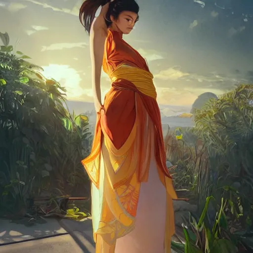 Prompt: asian sun goddess wearing modern clothing, sundress, ponytails, slice of life, modern instagram influencer, highly detailed, digital painting, artstation, concept art, sharp focus, illustration, cinematic lighting, art by artgerm and greg rutkowski and alphonse mucha