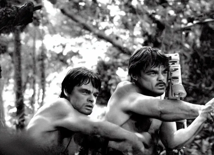 Image similar to an action scene from the movie scarface, medium long shot, filmed in the dark woods, a cabin in the background, leonardo dicaprio and daniel day - lewis, sharp eyes, serious expressions, detailed and symmetric faces, black and white, cinematic, epic,