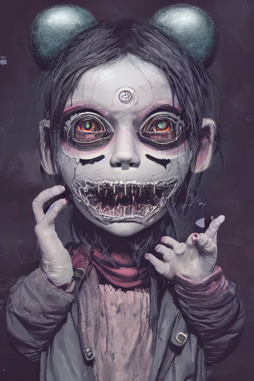 Prompt: portrait of a creepy horror monoxide punk girl with teddy bear mask . intricate abstract. intricate artwork. nightmare fuel. terrifying. by Tooth Wu, wlop, beeple, dan mumford , trending on artstation, greg rutkowski very coherent symmetrical artwork. cinematic, hyper realism, high detail, octane render, 8k, iridescent accents