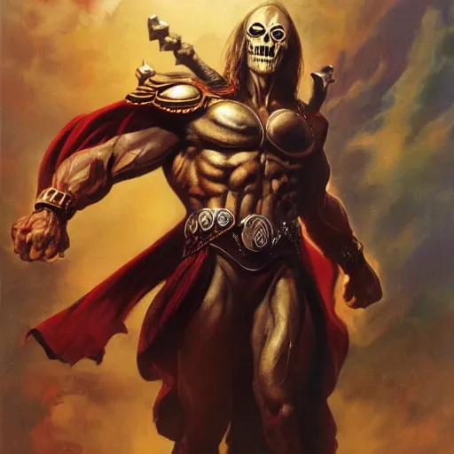 Image similar to ultra realistic portrait painting of skeletor as thor, art by frank frazetta, 4 k, ultra realistic, highly detailed, epic lighting