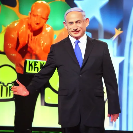 Image similar to benjamin netanyahu getting slimed at the kid's choice awards, sharp focus, highly detailed