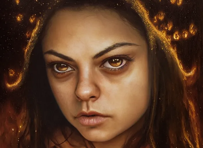 Image similar to big-eyed surprised Mila Kunis staring intensely into the camera, sundown golden hour firefly wisps, Lilia Alvarado, Sophie Anderson, Mark Arian, Bob Byerley, Charlie Bowater, Mark Brooks, Steve Henderson, Justin Gerard, Arthur Hughes, Edward Robert Hughes, Mark Keathley, Victor Nizovtsev, Carlos Shwabe, Ross Tran, WLOP