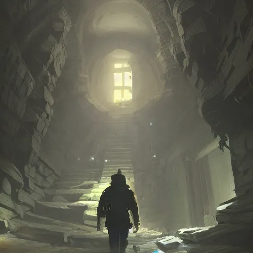 Image similar to A man with a flashlight explores a Dungeon, luminous, artstation