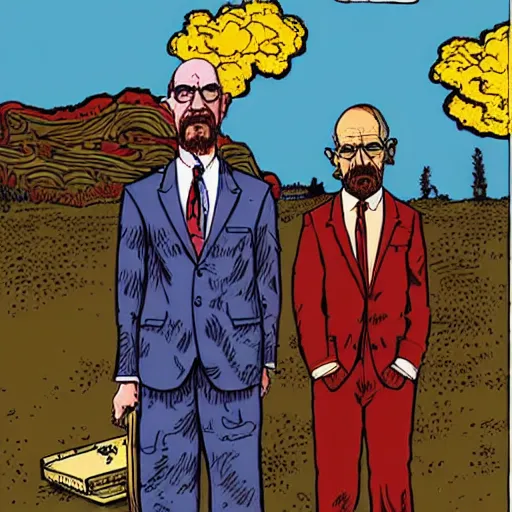 Image similar to The Artwork of R. Crumb and his Cheap Suit Breaking-Bad-Walter-White buying drugs, pencil and colored marker artwork, trailer-trash lifestyle