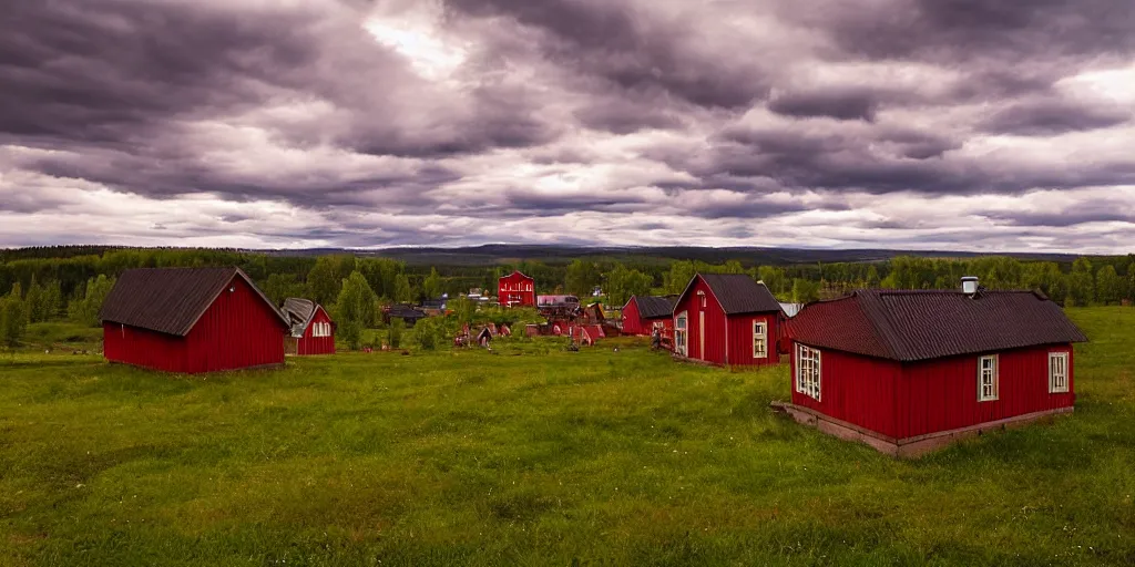 Prompt: a dramatic lighting view of dalarna, sweden, red and brown wooden cottages seen on a field, in the style of anders zorn