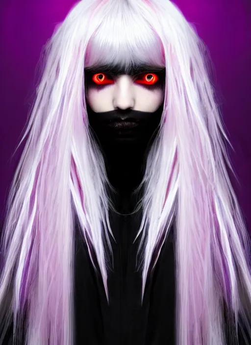 Image similar to hair whitebangs hair, white cyberlox, portrait of normal teenage girl, normal face, black bangs, messy bangs, fluffy bangs, cyberlox, whitebangs, red contact lenses, purple background, intricate, elegant, highly detailed, digital painting, artstation, concept art, sharp focus, smooth, illustration, art by wlop, mars ravelo and greg rutkowski