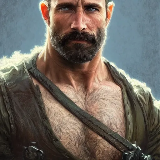 Prompt: portrait of a rugged ranger, 4 0 years old, muscular, upper body, hairy torso, d & d, fantasy, intricate, elegant, highly detailed, digital painting, artstation, concept art, smooth, sharp focus, illustration, art by artgerm and greg rutkowski and alphonse mucha