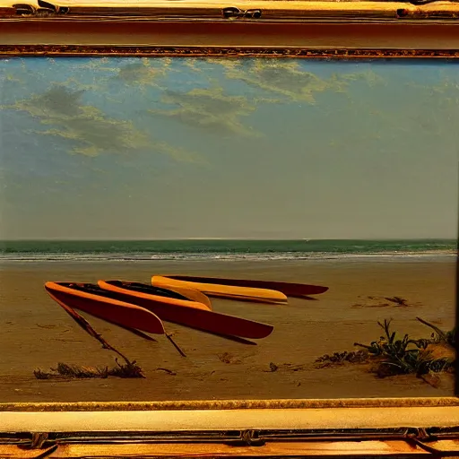 Prompt: An oil painting of lost kayak paddles on a New England beach, by Albert Bierstadt, 1858.