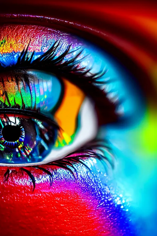 Prompt: hyper detailed concept art of human eye crying multicolored iridescent paint Stanley Artgermm dramatic lighting wide angle 35mm shallow depth of field 8k