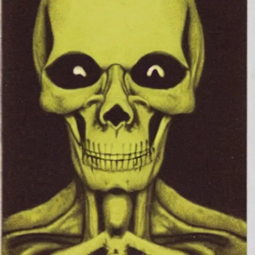 Image similar to alien looking, skull like, big forehead, horrifying, killer, creepy, dead, monster, tall, skinny, open mouth, deathly, old photo, turning yellow