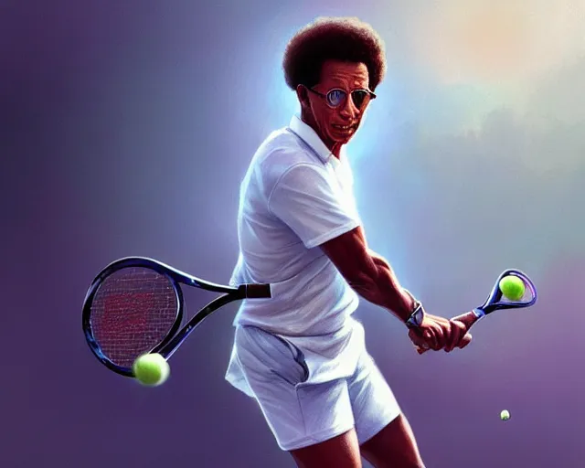 Image similar to mindblowing, arthur ashe playing tennis, deep focus, beautiful, highly detailed, digital painting, artstation, concept art, matte, sharp, illustration, hearthstone, art by artgerm and greg rutkowski and alphonse mucha