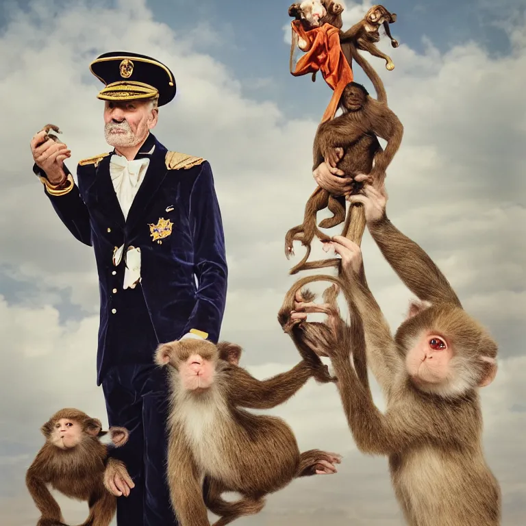 Prompt: high fashion photoshoot octane render portrait by wayne barlow and carlo crivelli and glenn fabry, a distinguished sea captain wearing a colorful eccentric velvet pastel vintage uniform and holding a small monkey while standing on a beautiful high - end white and wood yacht, very short depth of field, bokeh