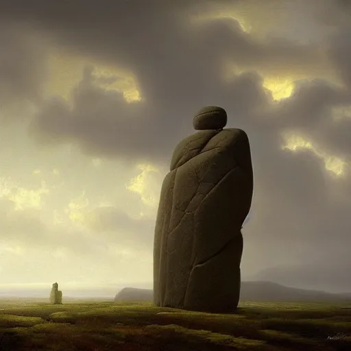 Image similar to giant stone man by grzegorz rutkowski, atmospheric haze, stormy, tundra, hudson river school, princess in foreground, large scale