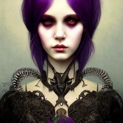 Prompt: photorealistic soft paint of absurdities and curiosities, very beautiful dollpunk female full long dress, ultra deep fog, purple black lustrous thin haircut, symmetry accurate features, focus, very intricate ultrafine details, award winning masterpiece, tom bagshaw ross tran