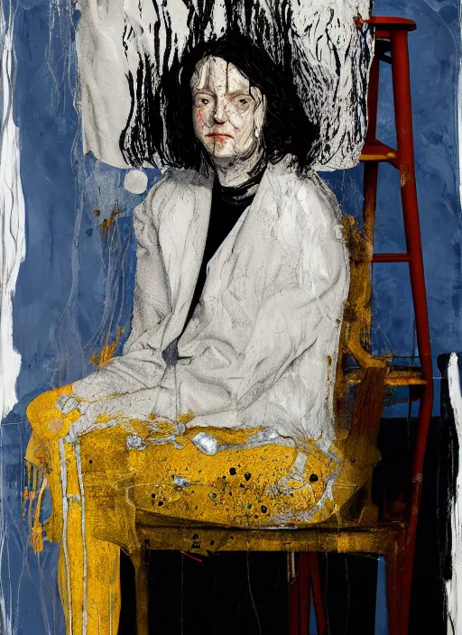 Prompt: portrait of an figure sitting on a stool, by vincent lefevre and hernan bas and pat steir and hilma af klint, psychological, photorealistic, symmetrical face, dripping paint, washy brush, rendered in octane, altermodern, masterpiece