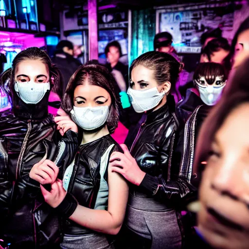 Prompt: photograph of a retro techwear female group near the bar of a packed busy rundown nightclub, lots of people, sharp and sparkly masks, retrofuturism, brutalism, cyberpunk, sigma 85mm f/1.4, 15mm, 35mm, tilted frame, long exposure, 4k, high resolution, 4k, 8k, hd, wide angle lens, highly detailed, full color, harsh light and shadow