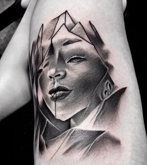 Image similar to fade of a hyper realistic mountain scenery with a beautiful woman face, tattoo design sketch, in the style of matteo pasqualin, hyper - realistic, amazing detail, black and white