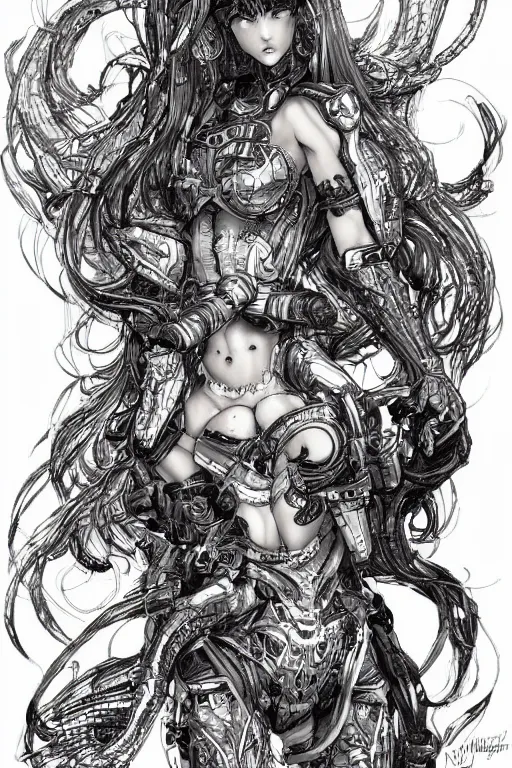 Image similar to full body illustration, mechanized latina female, cruel mermaid, highly detailed, sumi - e art, suiboku - ga ink, by kim jisu, pen and ink monochrome, mecha, deviantart, artstation, pinterest