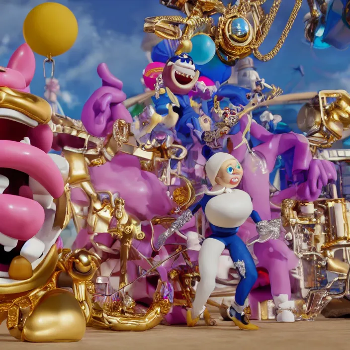 Image similar to jeff koons hip hop bauhaus style street sharks sailor moon wearing diamond grillz and a ton of bussdown iced gold bling in wallace & gromit strata - cut claymation, ultra realistic, concept art, intricate details, serious, highly detailed, photorealistic, octane render, 8 k, unreal engine, art by todd mcfarlane