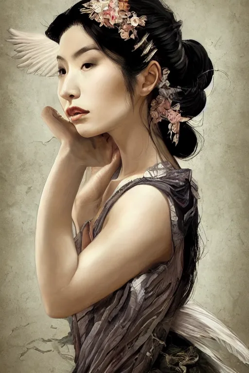 Prompt: a professional painting of a beautiful fallenangel geisha , olive skin, long dark hair, beautiful bone structure, symmetrical facial features, intricate, elegant, digital painting, concept art, smooth, sharp focus, illustration, by Ruan Jia and vitaly bulgarov and andrew nash and and Mandy Jurgens and musha and Artgerm and William-Adolphe Bouguerea