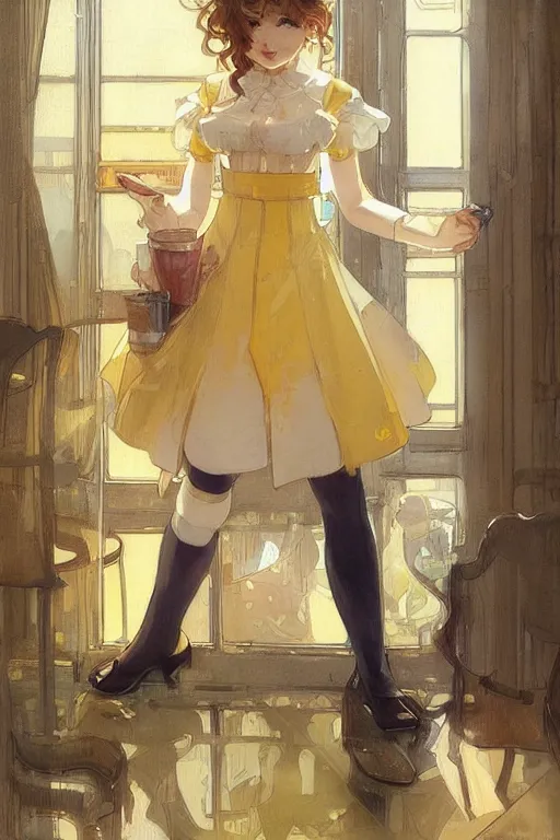 Image similar to A girl in a maid's outfit in a cafe a afternoon, wavy hair yellow theme,S line,45 angel by krenz cushart and mucha and wlop and greg rutkowski