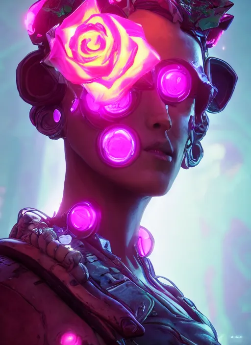 Prompt: glowwave portrait of a rose from borderlands 3, au naturel, hyper detailed, digital art, trending in artstation, cinematic lighting, studio quality, smooth render, unreal engine 5 rendered, octane rendered, art style by klimt and nixeu and ian sprigger and wlop and krenz cushart.