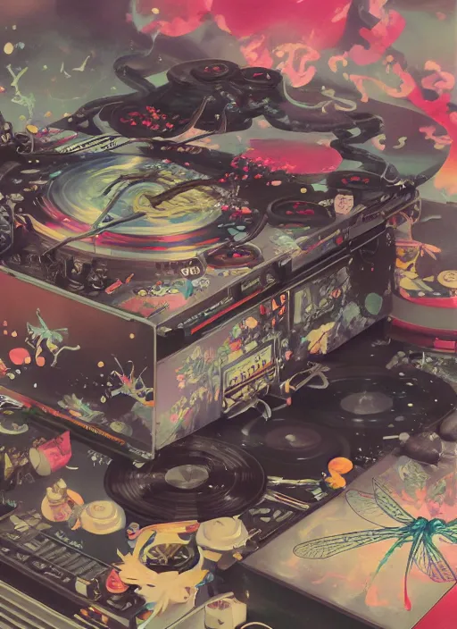 Image similar to surreal gouache painting, by yoshitaka amano, by ruan jia, by Conrad roset, by good smile company, detailed anime 3d render of chemical magical flying Vinyl records close to the DJ Mixer, deck surrounded by chemical magical Dragonflies, Vinyl records, controller, portrait, cgsociety, artstation, rococo mechanical and Digital and electronic, dieselpunk atmosphere