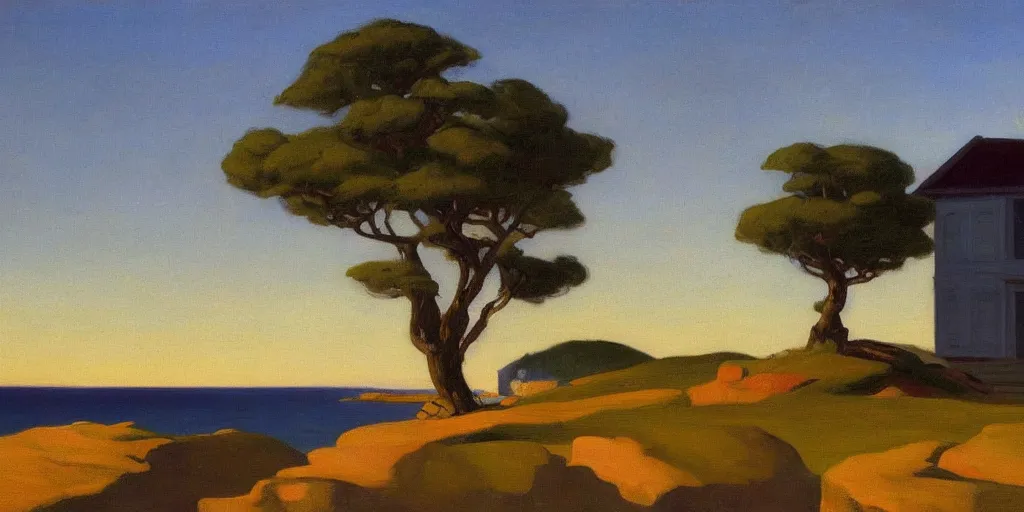 Prompt: a beautiful landscape painting of a rocky outcrop on the coast with a tree next to a house, dramatic sunset, by edward hopper, oil on canvas, highly detailed, hd, 4 k