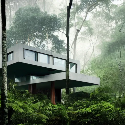 Prompt: High quality realistic photograph of a modern house in the middle of a rain-forest