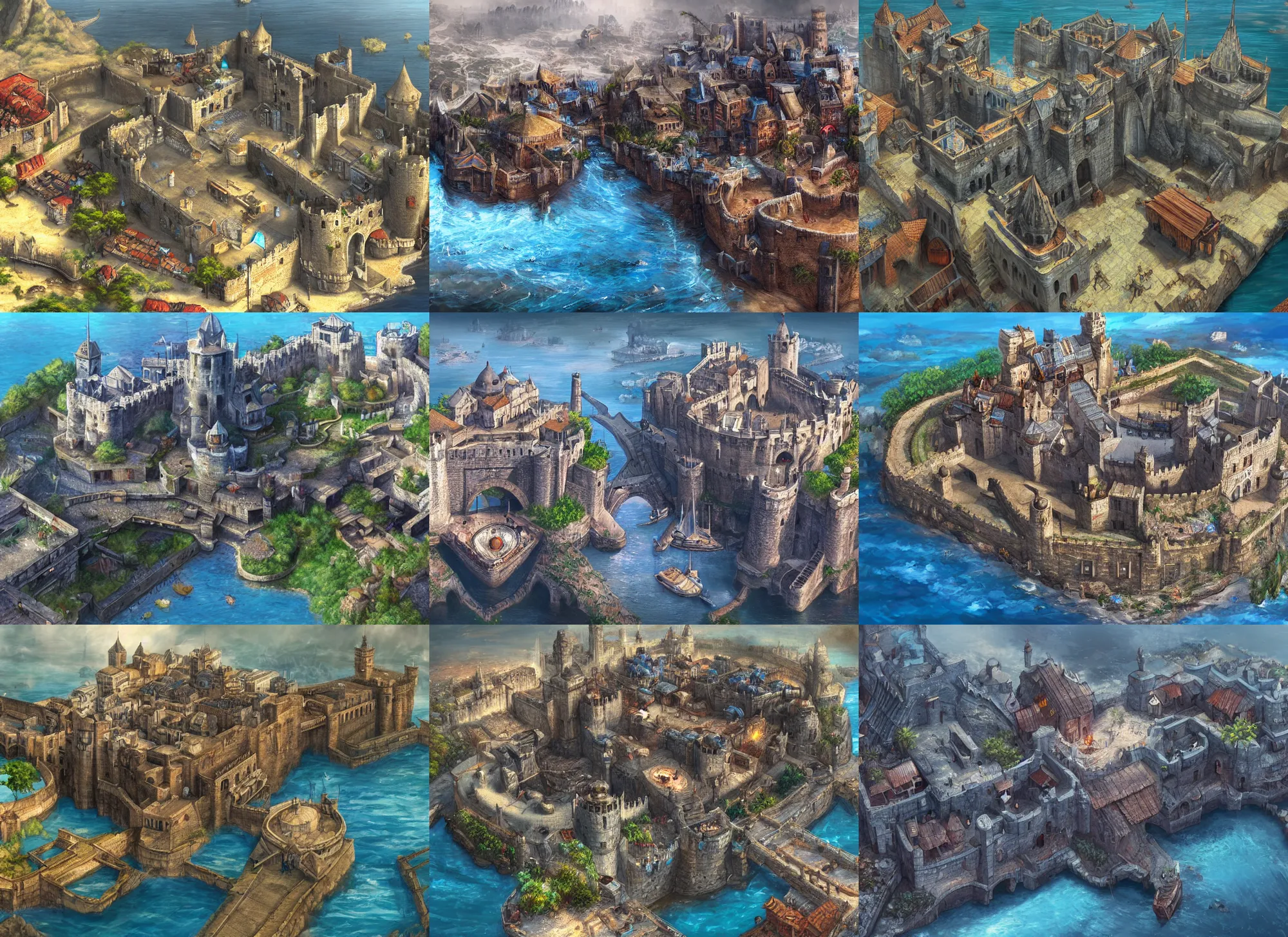 Prompt: grand blue fortress in the center of a medieval city, river island, fantasy, vivid, realistic, 4k, Artstation