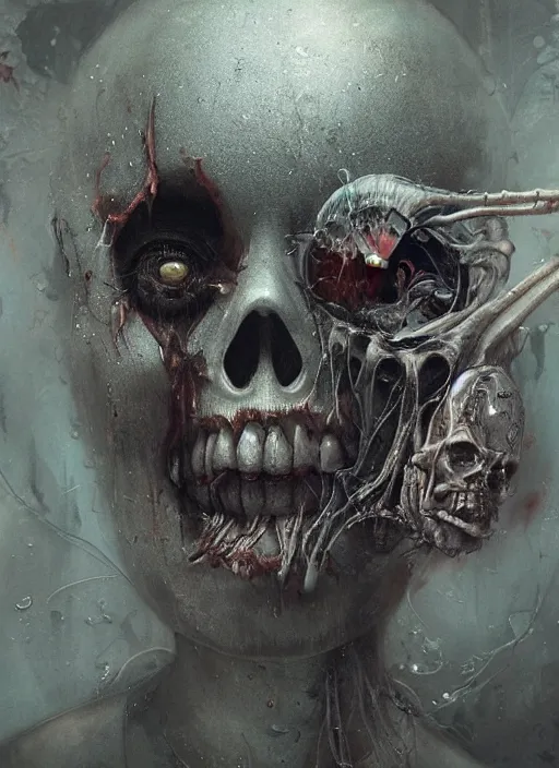 Image similar to Alice cries and makes a pool of tears in the room,highly detailed,half skull face,cinematic,8k,by Stanley Artgermm,Tom Bagshaw,Greg Rutkowski,Carne Griffiths, Ayami Kojima, Beksinski, Giger,trending on DeviantArt,hyper detailed,horror, full of colour