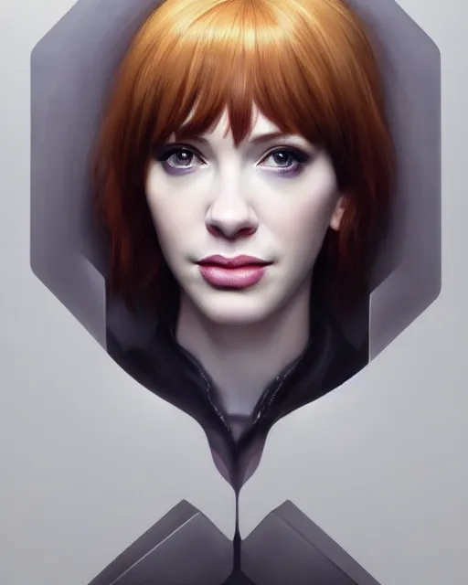 Image similar to sophisticated portrait of young Christina Hendricks starring in ghost in the shell, visible chest and face, fully-centered-photograph, 8k resolution, looking at the camera elegance, highly detailed, shallow depth of field, Artstation, Artgerm, Donato Giancola and Joseph Christian Leyendecker