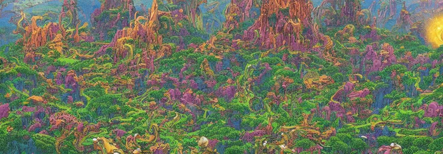 Prompt: beautiful landscape mural of the lush meadow of monoliths, vivid colors, intricate, highly detailed, masterful, fantasy world, sci fi world, in the style of moebius, akira toriyama, jean giraud