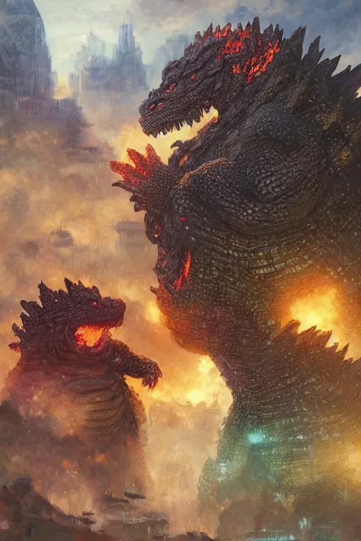 Prompt: beautiful cottagecore godzilla va kong fighting, gigantic battle, vibrant magical cityscape, intricate, elegant, highly detailed, digital painting, artstation, concept art, smooth, sharp, focus, illustration, art by artgerm and greg rutkowski and alphonse mucha